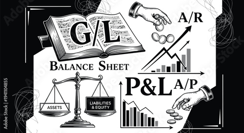 Vintage-style collage displays essential accounting documents and financial metrics including general ledger and balance sheets.