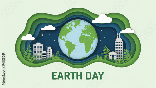 Earth day illustration of green globe with city buildings and plants on a blue background with clouds
