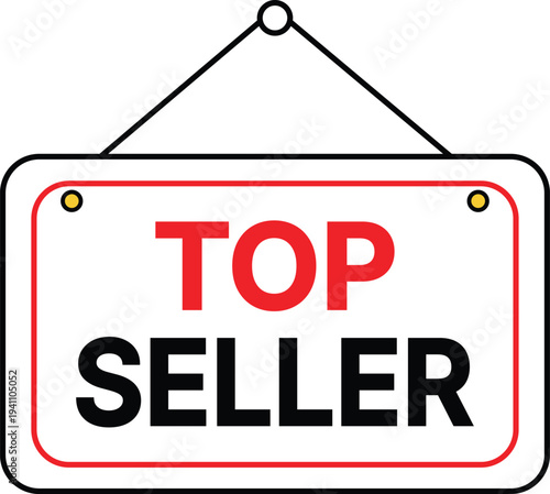 Red and black top seller sign hanging with string