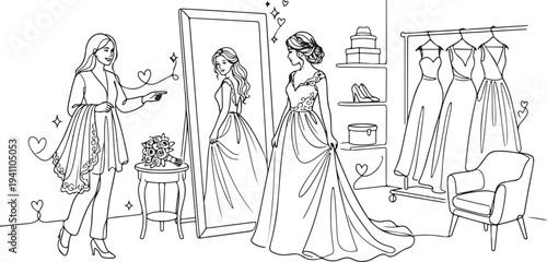 Vector illustration of women trying on wedding dresses in a boutique