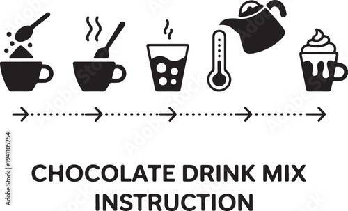 Set of silhouette icons. Instructions for preparing cocoa with milk. Directions for making a chocolate drink mix. Includes a cup, a drop, dry powder, a spoon, a thermometer, and a hot jet of steam.