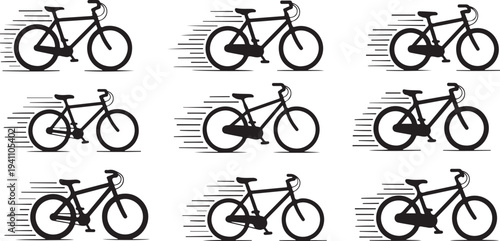 Multiple bicycles in motion on a white background illustration