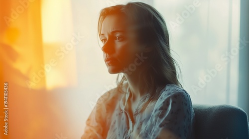 Sadness of a Young Lonely Woman Sitting at Home Suffering from Depression Anxiety or Mental Health Problems Looking Pensive and Thoughtful