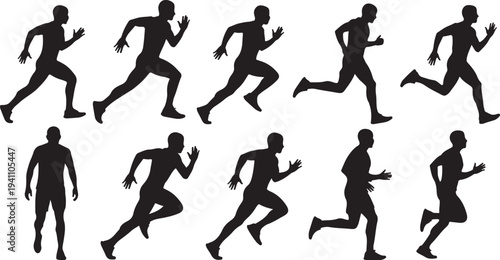 Silhouettes of people running in various dynamic poses together