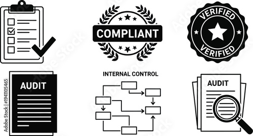 A set of simple line drawings features compliance and auditing symbols, including a checklist, a process flow diagram, and verified stamps.