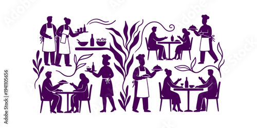 Restaurant scene with chefs, waiters, and diners enjoying a meal.