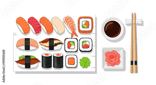 Assortment of Fresh Sushi and Sashimi on White Plate with Soy Sauce and Chopsticks
