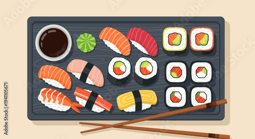 Assortment of Fresh Sushi and Rolls on a Dark Platter with Chopsticks and Soy Sauce