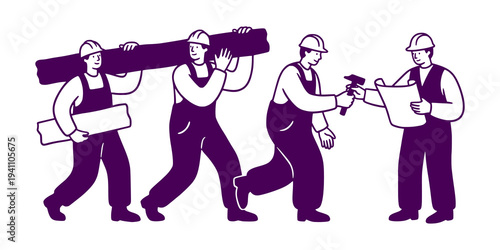 Construction Workers Carrying Materials and Reviewing Blueprints.