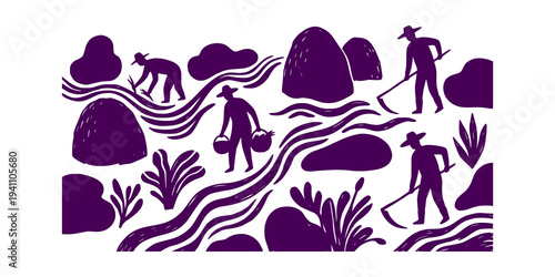 Farmers working in fields harvesting crops with tools and baskets.