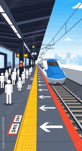 Bullet train arriving at a busy station platform with waiting passengers