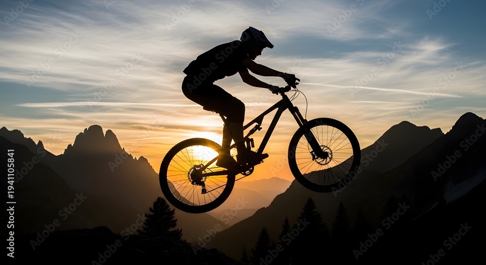 Obraz premium Mountain Biker in Mid Air at Sunset.