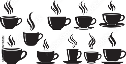 Black coffee cups with steam on white background illustration