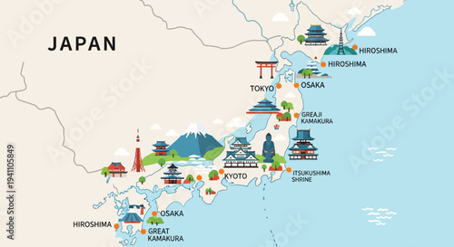Map of Japan with famous landmarks and cities, travel guide illustration