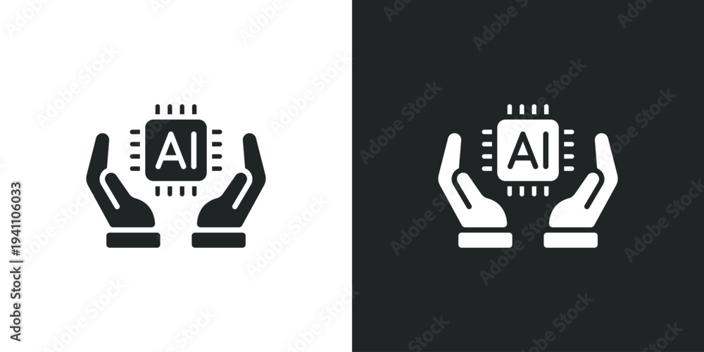 Obraz premium Hands holding a computer processor chip representing smart technology and machine learning digital innovation. Filled single symbol. Flat style sign. Solid glyph vector illustration