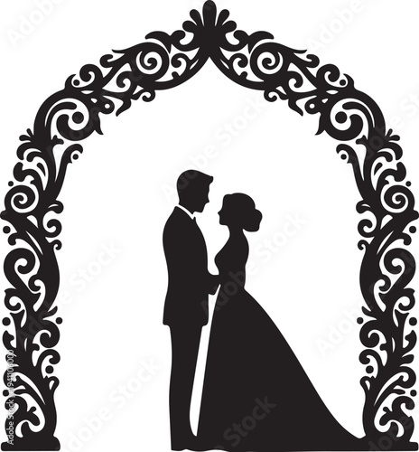 Romantic Wedding Couple Silhouette Under Decorative Archway at Night