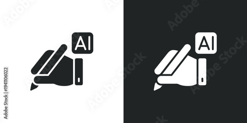 Hand holding pen writing text with artificial intelligence smart technology for digital content creation. Filled single symbol. Flat style sign. Solid glyph vector illustration