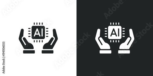 Hands holding a computer processor chip representing smart technology and machine learning digital innovation. Filled single symbol. Flat style sign. Solid glyph vector illustration