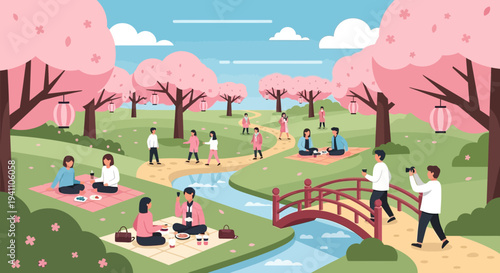 Cherry Blossom Picnic: People Enjoying Spring Park with Sakura Trees and River