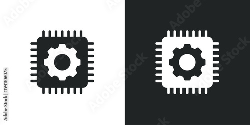 Microchip processor icon with gear symbol representing hardware settings and automated computer technology processing power. Flat style sign. Solid glyph vector illustration
