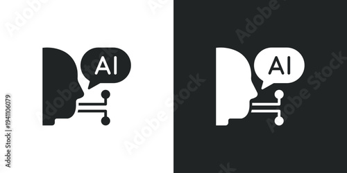 Artificial intelligence voice recognition icon with human head profile and digital speech bubble. Filled single symbol. Flat style sign. Solid glyph vector illustration
