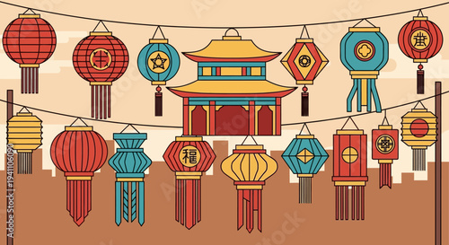 Chinese New Year Lanterns and Pagoda Decoration Festive Celebration
