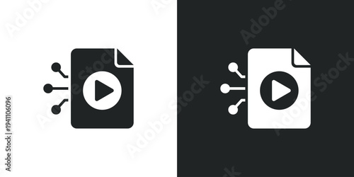 Video file icon with play button and connection nodes for digital media streaming technology. Filled single symbol. Flat style sign. Solid glyph vector illustration