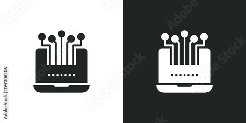 Laptop computer icon with digital circuit board lines nodes. Technology data processing software development. Filled single symbol. Flat style sign. Solid glyph vector illustration