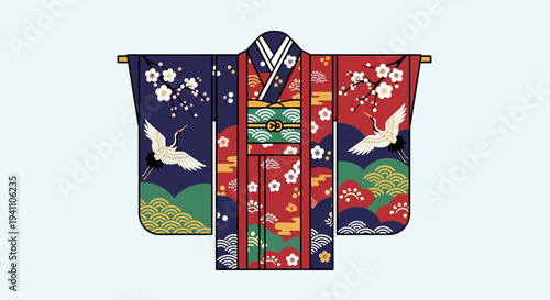 Japanese Kimono with Crane and Cherry Blossom Design