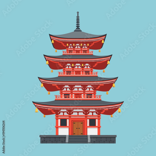 Japanese Pagoda Temple Architecture, Traditional East Asian Building, Red and Gray