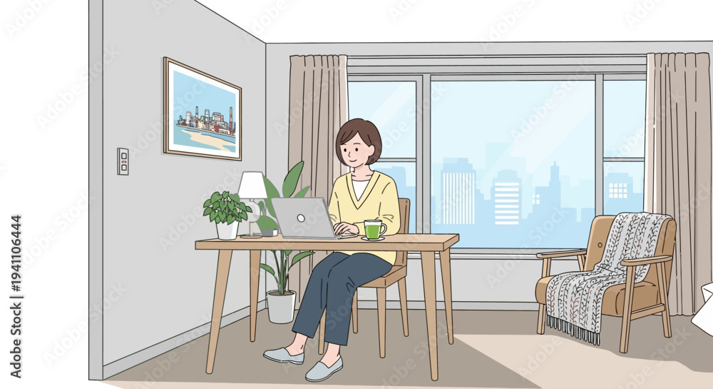 Obraz premium Woman working from home on laptop, comfortable home office with city view