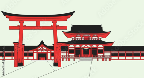 Traditional Japanese Shrine Gate and Temple Architecture, Red and Black Design
