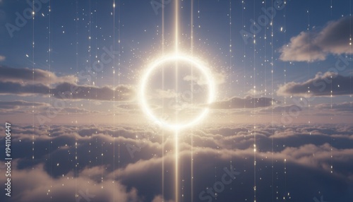 a glowing divine portal in the sky, white and golden beams of light streaming downward, floating stardust particles shimmering, soft heavenly clouds,
