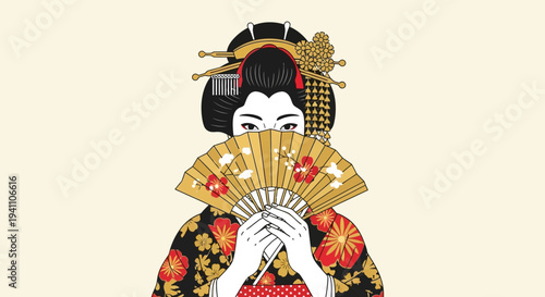 Elegant Geisha Hiding Face Behind Traditional Fan, Japanese Culture