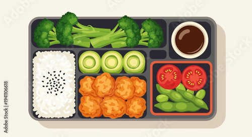 Healthy Bento Box Lunch: Chicken Nuggets, Rice, Broccoli, Edamame, Tomato, Avocado