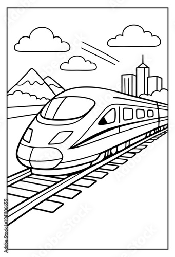 High speed bullet train moving quickly along tracks past city skyline and mountains in animation footage on white background. on white background