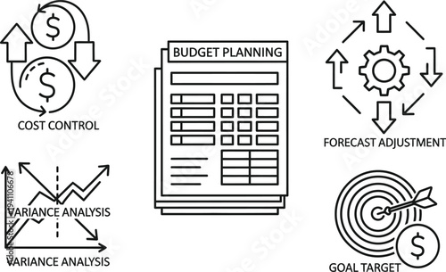 Collection of line icons represents essential financial planning elements including cost control, variance analysis, and goal targeting.
