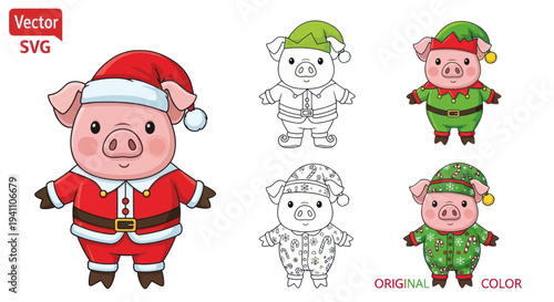 Cute Christmas Pigs: Santa, Elf, and Pajamas - Vector Illustrations