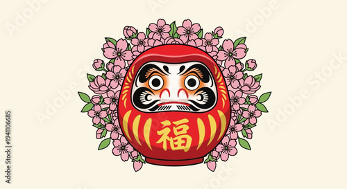 Japanese Daruma Doll with Cherry Blossoms, Symbol of Luck and Perseverance
