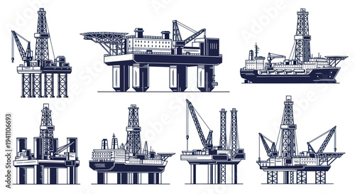 Offshore Oil Rig Collection: Industrial Marine Platforms and Drilling Set