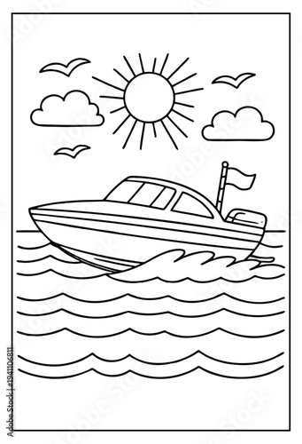 Speedboat cruising quickly across wavy ocean water with sun and clouds motion footage on white background