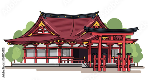 Traditional Japanese Shrine and Torii Gate with Lush Green Trees