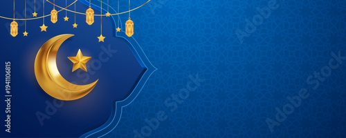 Luxury Islamic blue background with 3D golden crescent and lanterns