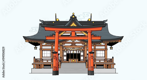 Traditional Japanese Shrine with Torii Gate, Pixel Art Style
