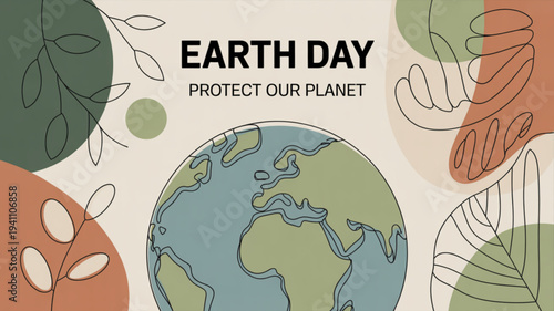 Earth day illustration with globe and leaves promoting environmental protection and conservation with modern minimalist design