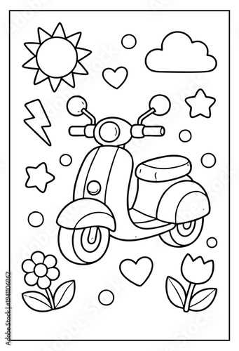 Cute outline vector drawing of a moving scooter surrounded by fun summer elements for coloring page motion clip on white background. on white background