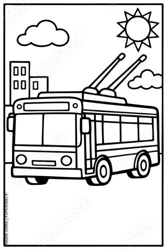 Electric Trolley Bus Motion Footage Transporting Passengers Through City Streets During Sunny Day for Coloring Book Animation on white background