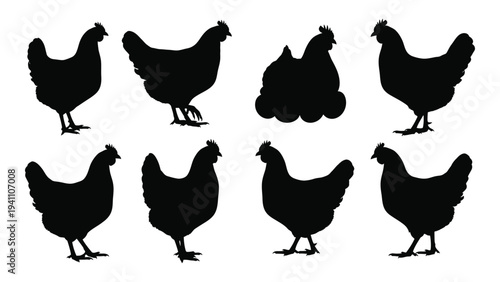 Seven black chicken silhouettes in various poses