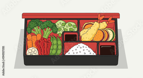 Healthy Bento Box Lunch with Fresh Vegetables and Shrimp Tempura