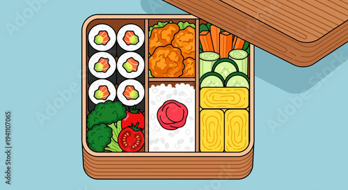 Japanese Bento Box Lunch: Sushi, Fried Chicken, Tamagoyaki, Rice, Vegetables